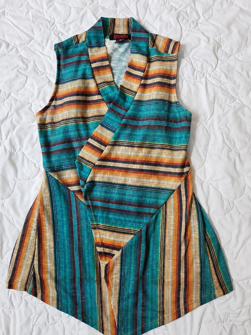 Rock & Roll Denim Cowgirl Serape Stripe Waterfall Vest Small Western Boho